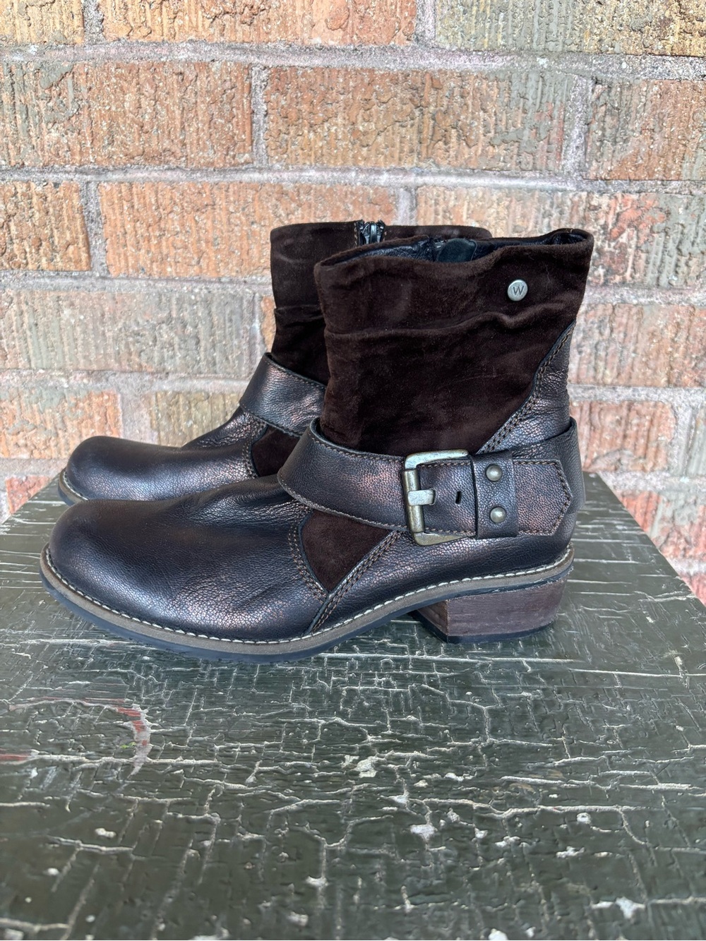 Wolky Suede Metallic Leather Ankle Boots Brown Buckle Zip Block Heel Sz 37